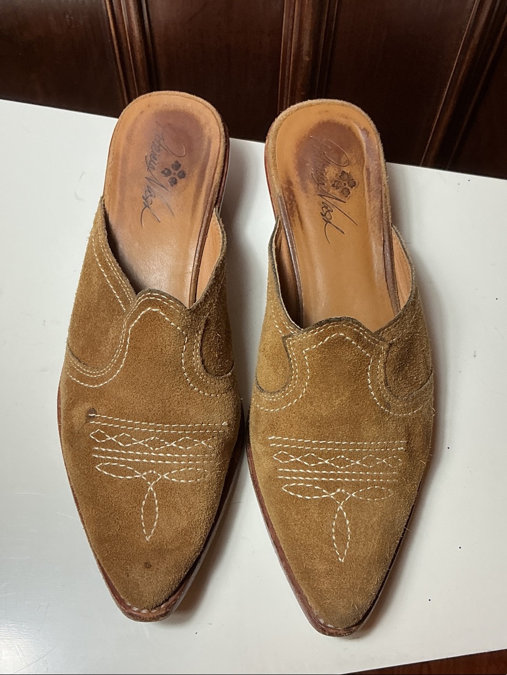 Patricia Nash Tan Suede Slip-On Mules with White Stitching